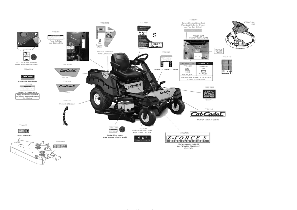 Label Map Diagram and Parts List for Z-FORCESZ54KH (17BSDGHC010)(2017) Cub Cadet Lawn Tractor